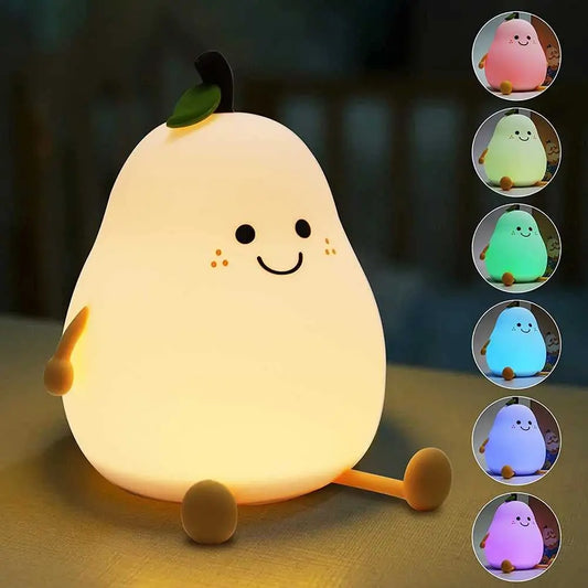 Cute Pear-Shaped Silicone Night Light for Kids – 7-Color Dimmable USB Rechargeable Lamp for Bedroom & Bedside